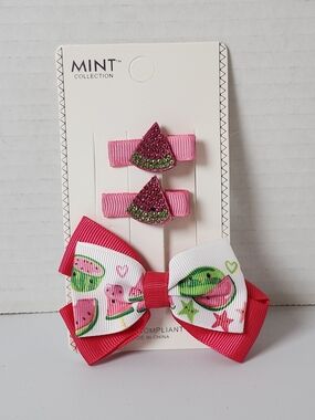 Mint Pink Watermelon Bow and Clip Set